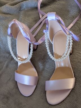 Pearl-Embellished Light Pink Satin Block Heel Sandals